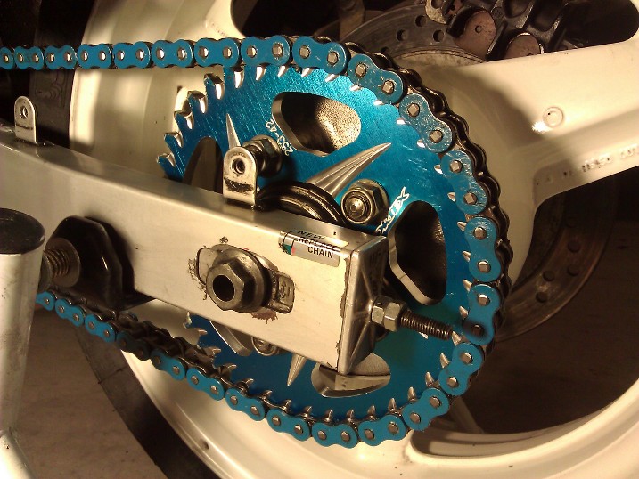 Blue chain and sprocket on Honda CBR1000F